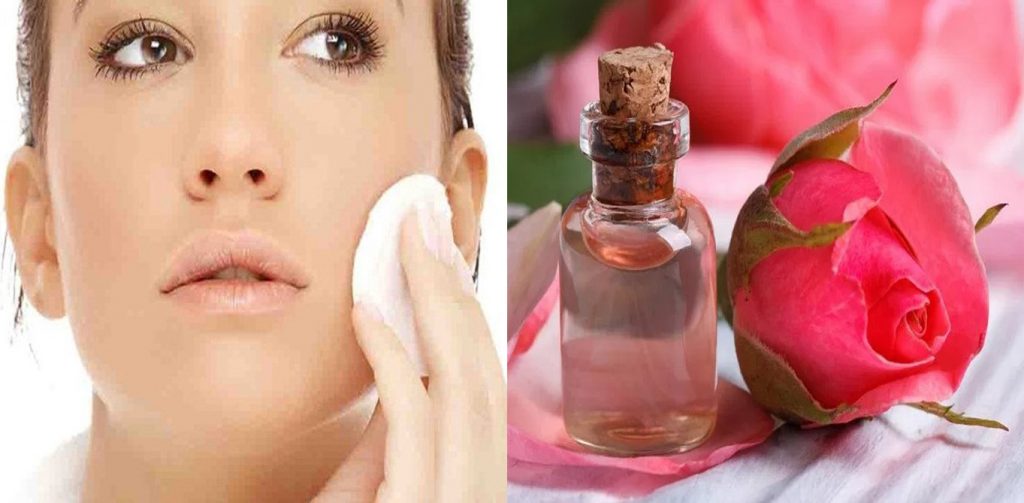 Imagen de mujer limpiando su rostro, al lado de un frasco de agua de rosas.