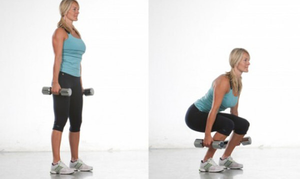 Collage de imágenes de mujer realizando sentadillas con mancuerna.