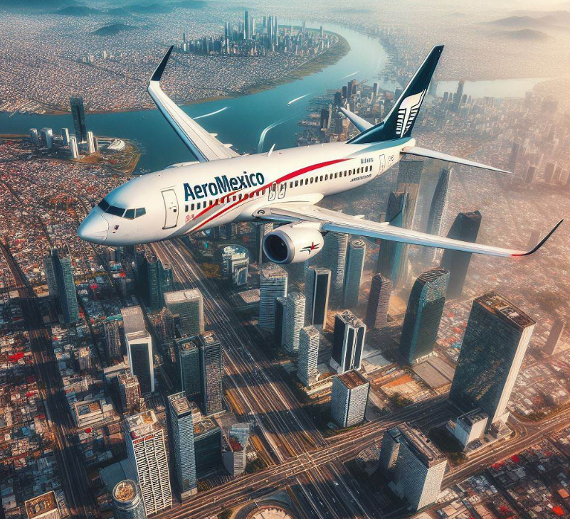 Un avión de Aeroméxico sobrevolando una ciudad