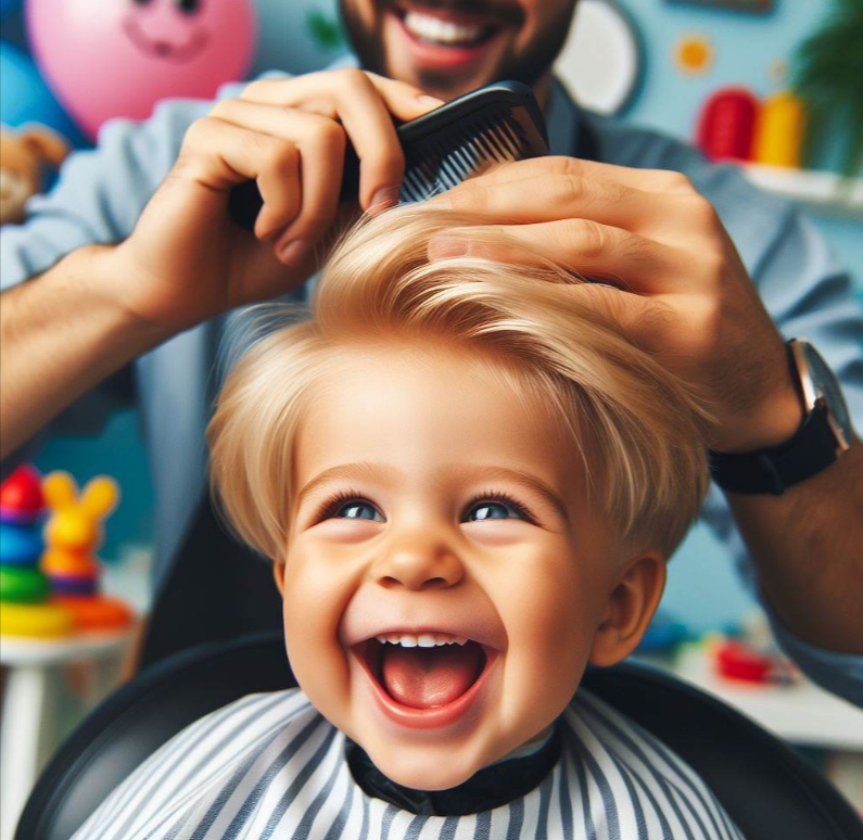 Niño sonriendo mientras le cortan el cabello
