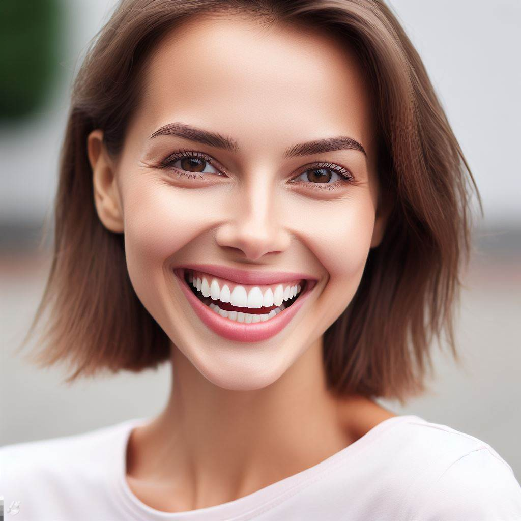 Mujer sonriente con dientes sanos y limpios