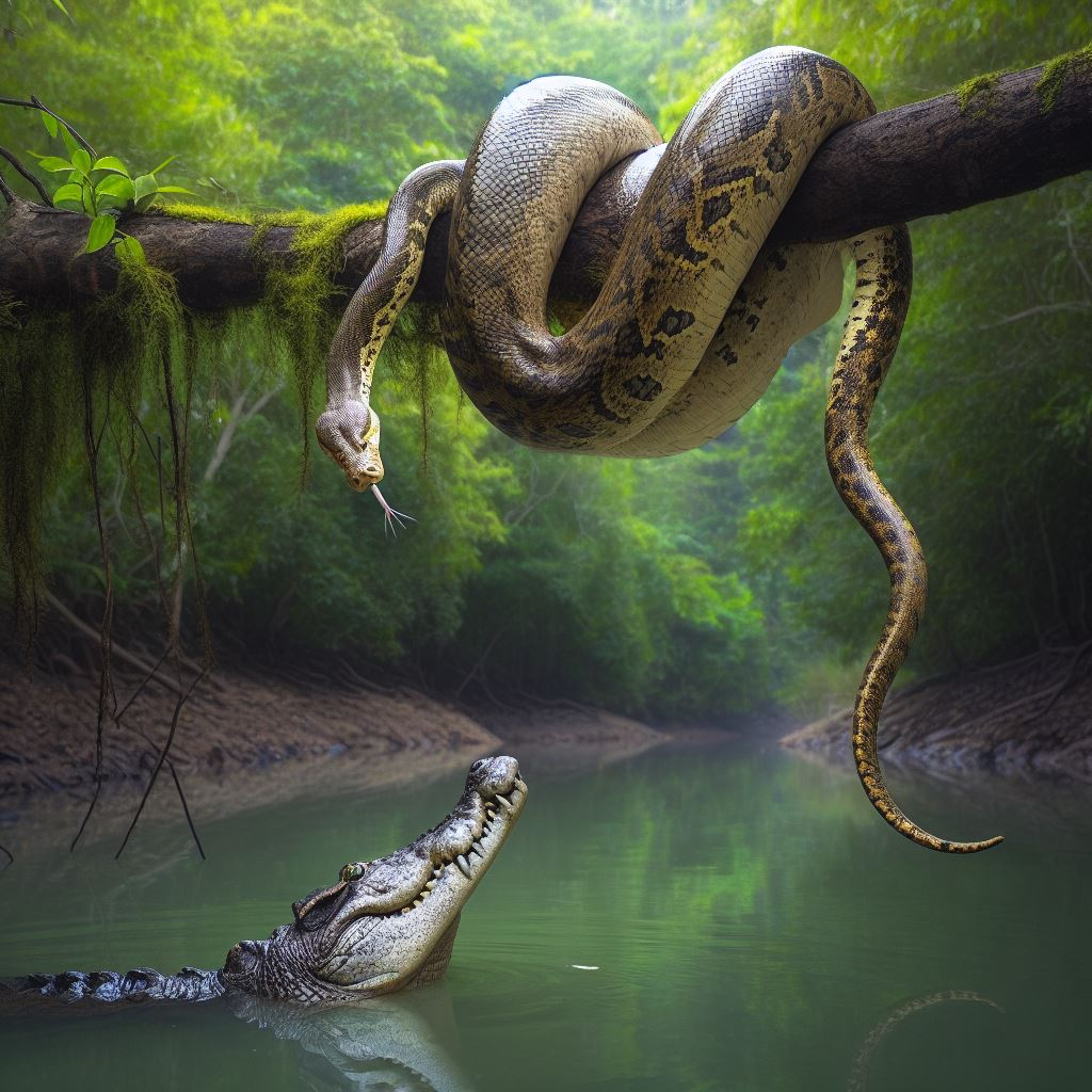 Serpiente devora cocodrilo