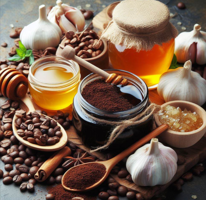 Ingredientes de bebida energizante: café, ajo y miel