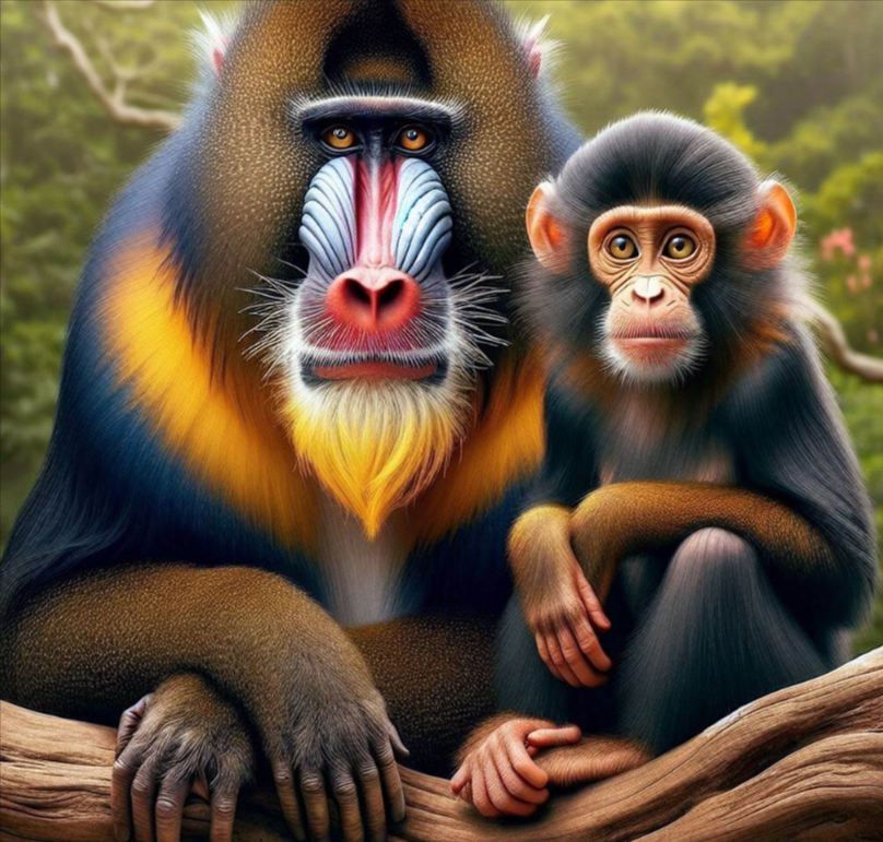Mandril y un chimpancé de garganta amarilla