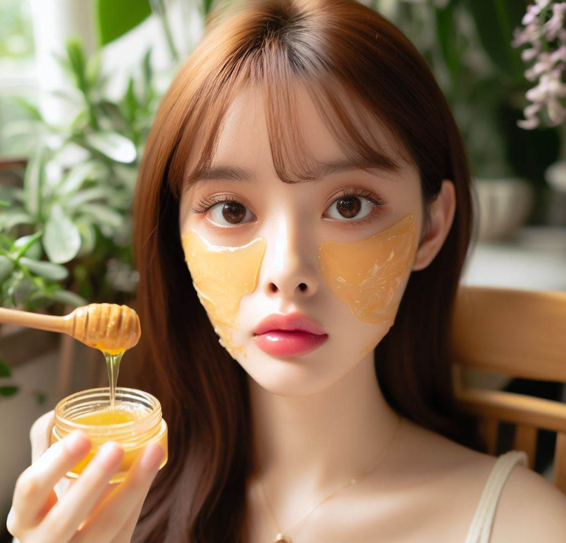 Chica aplica miel de abejas en su rostro