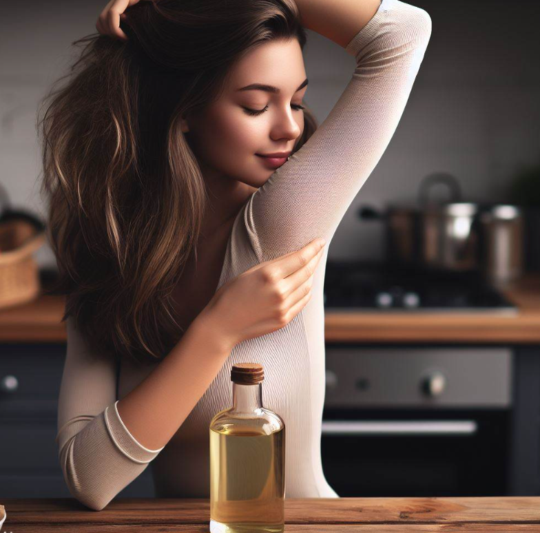 Mujer aplica aceite de almendras en sus brazos