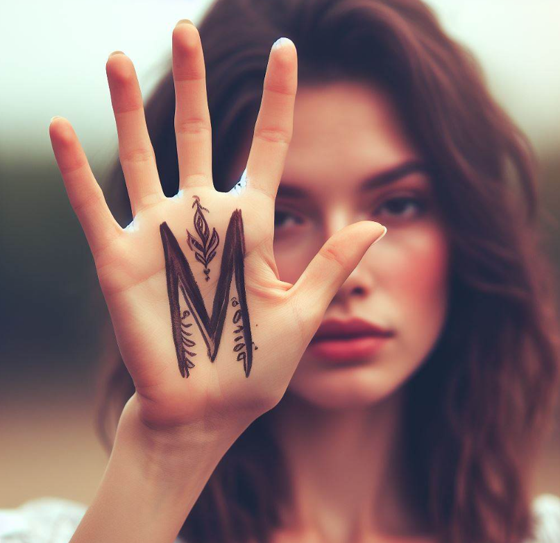 Mujer con la letra M en la palma de la mano