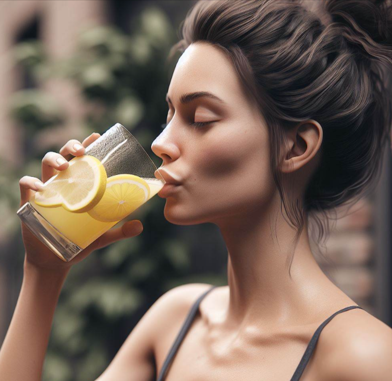 Mujer toma jugo de limón.