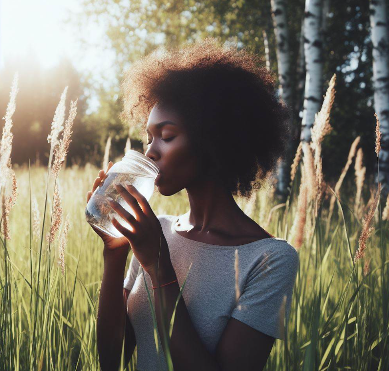 Mujer tomando agua para limpiar la vejiga