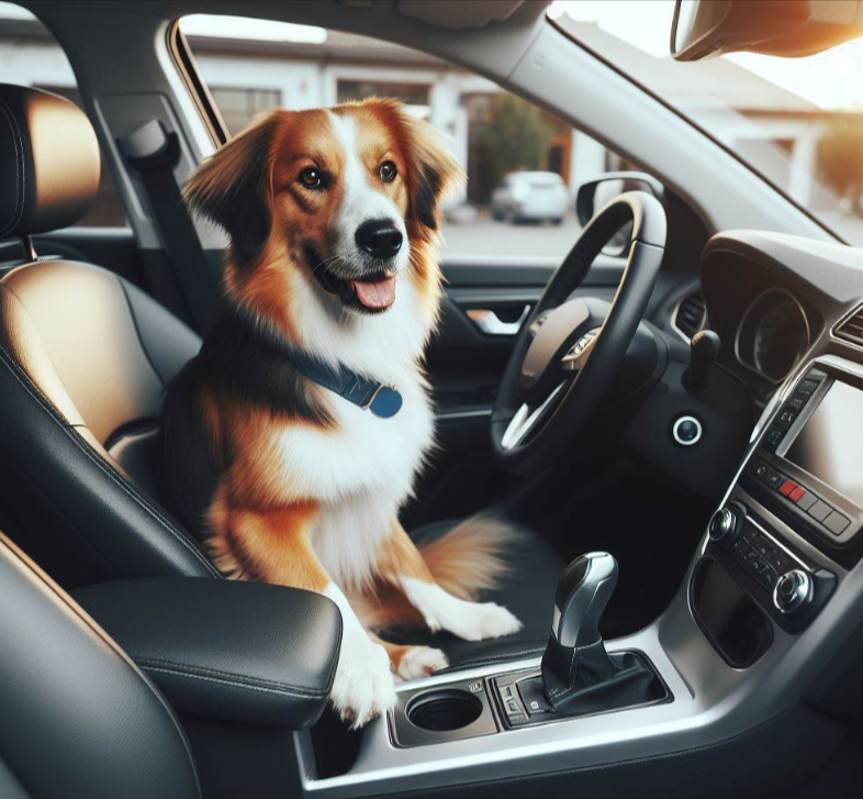 Perro sentado en el asiento del conductor de auto moderno