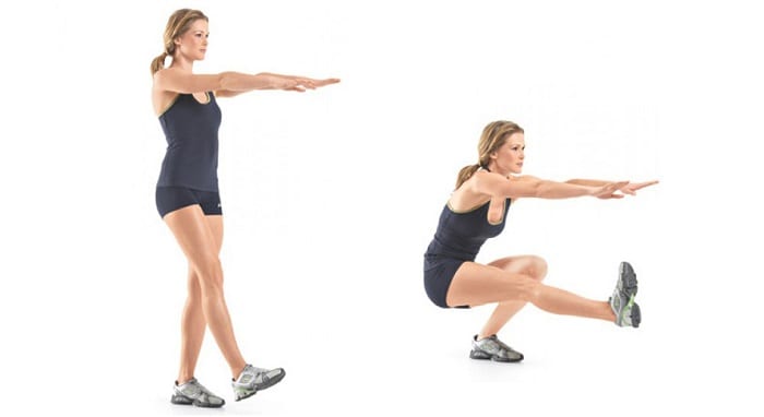Imágenes de mujer realizando ejercicio de sentadillas con una pierna.