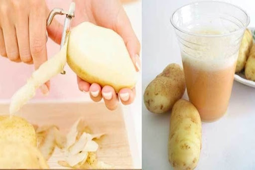 collage de manos de mujer pelando papas, al lado de un vaso con jugo de papas